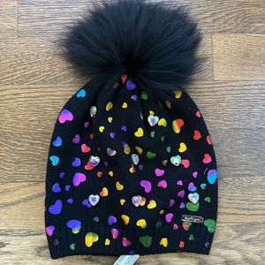 Bari Lynn rainbow heart pom pom hat, NWT, one size fits most